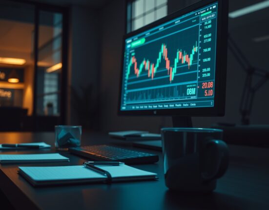 Forex trading screen showing CHF/JPY chart in a dimly lit office