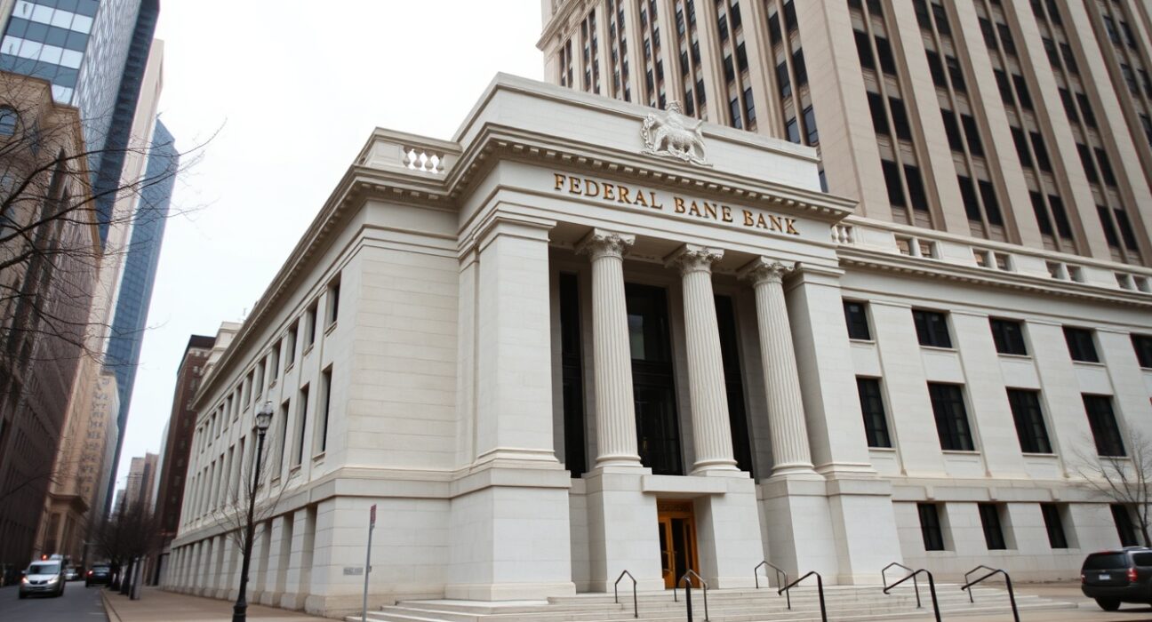 Exterior view of the Federal Reserve Bank of Chicago building on a cloudy day.