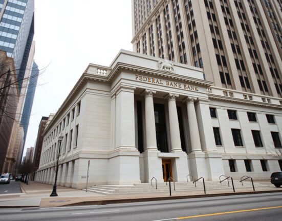 Exterior view of the Federal Reserve Bank of Chicago building on a cloudy day.