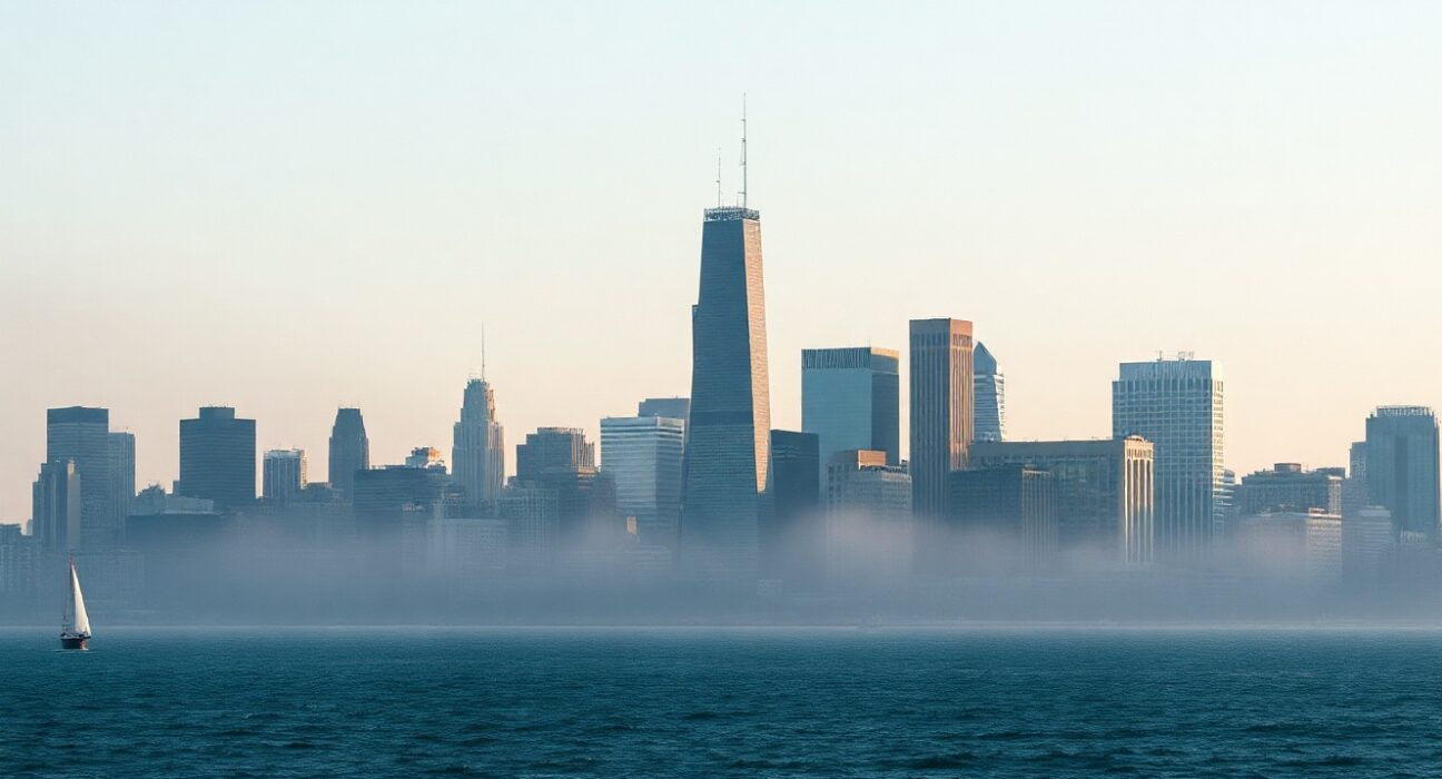 Chicago skyline at dawn, representing the Chicago PMI economic indicator for July.
