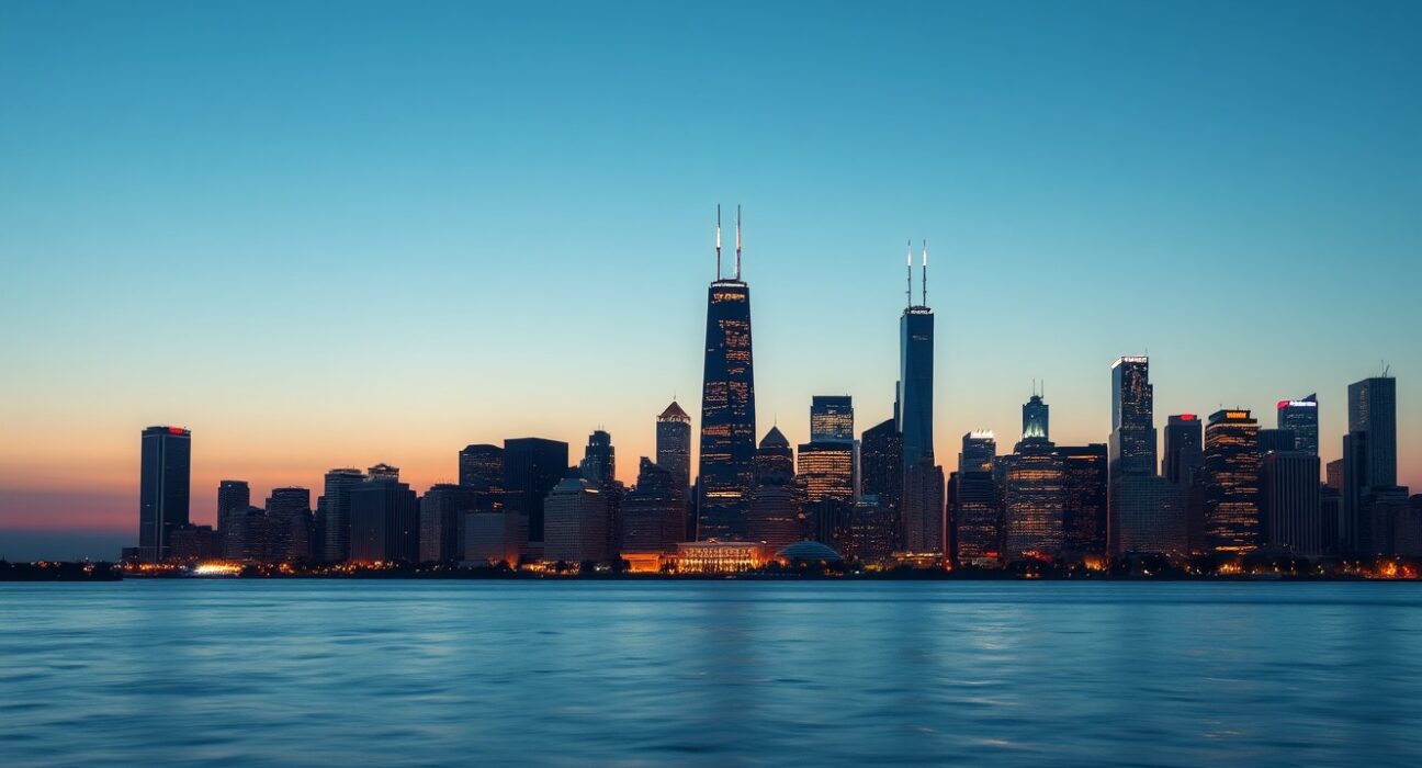 Chicago skyline at dusk viewed from Lake Michigan, representing the regional economic data release.