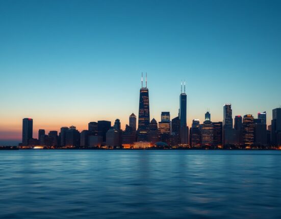 Chicago skyline at dusk viewed from Lake Michigan, representing the regional economic data release.
