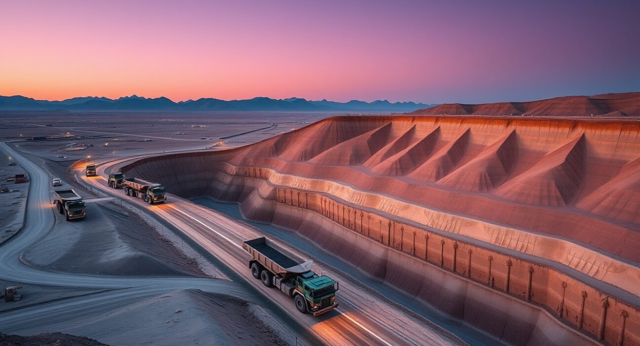 Large-scale copper mining operations in Chile's Atacama Desert showing industrial extraction.