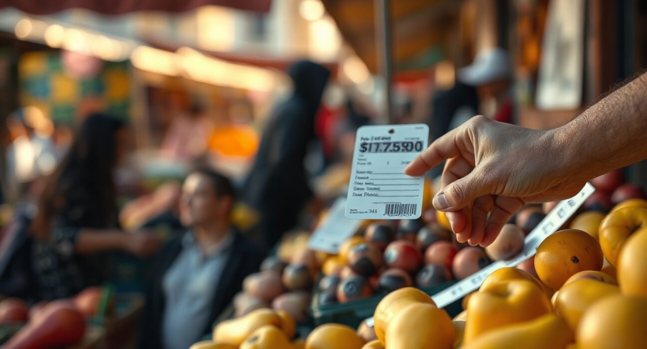 Santiago market vendor adjusting price tag on produce, symbolizing Chile's July inflation data.