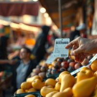 Santiago market vendor adjusting price tag on produce, symbolizing Chile's July inflation data.