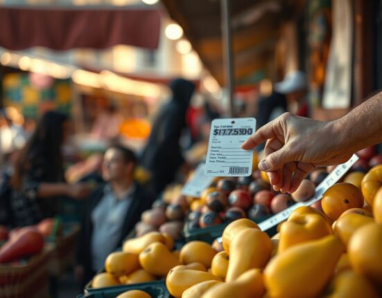 Santiago market vendor adjusting price tag on produce, symbolizing Chile's July inflation data.