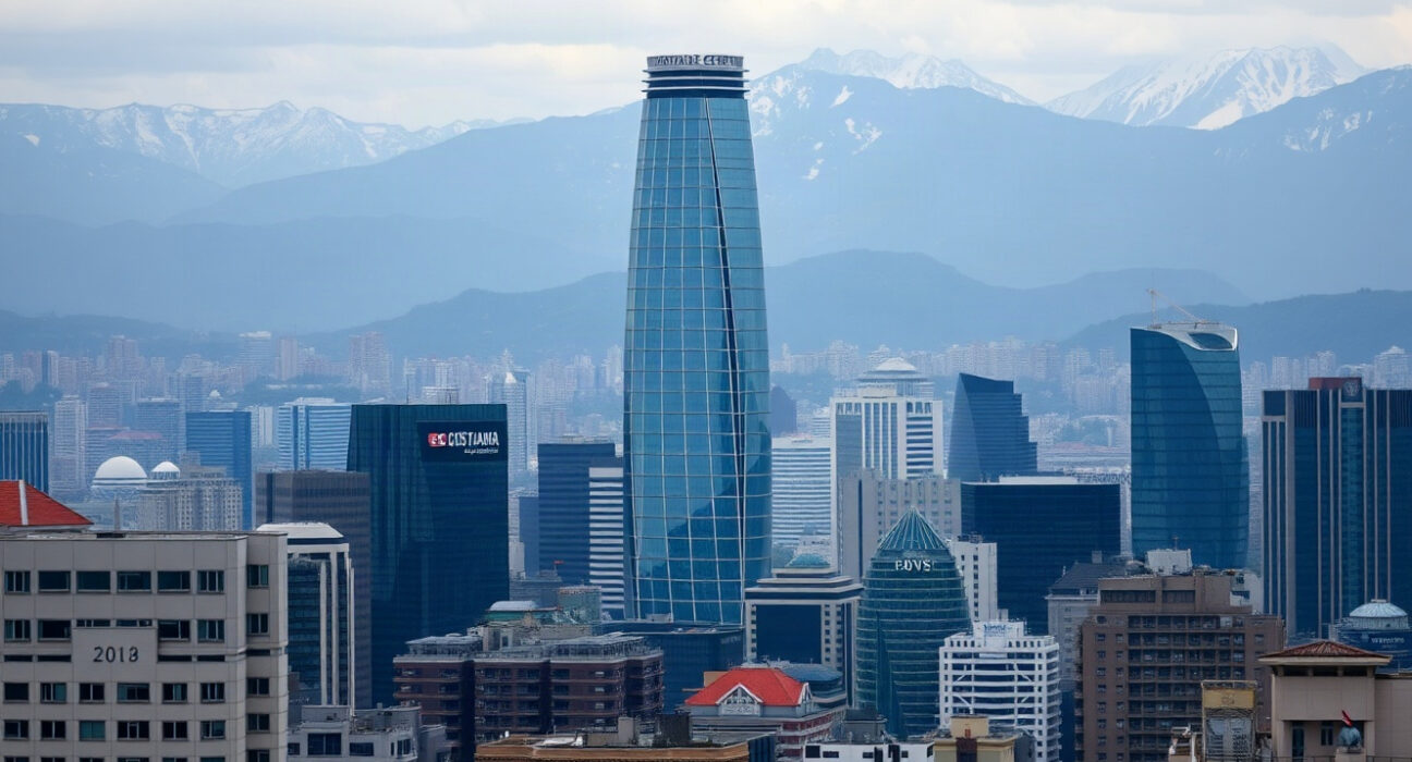 Santiago skyline with Costanera Center under overcast sky, reflecting economic slowdown.