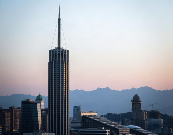 Santiago, Chile skyline at dusk with Andes mountains, symbolizing economic activity.