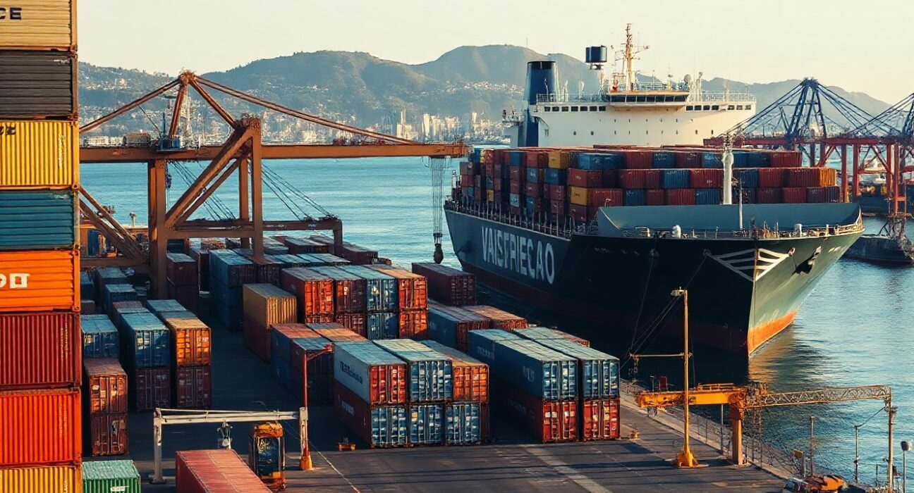 Container ship at the Port of Valparaiso, Chile, representing the country's trade activity.