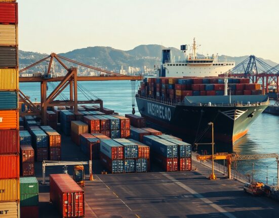 Container ship at the Port of Valparaiso, Chile, representing the country's trade activity.
