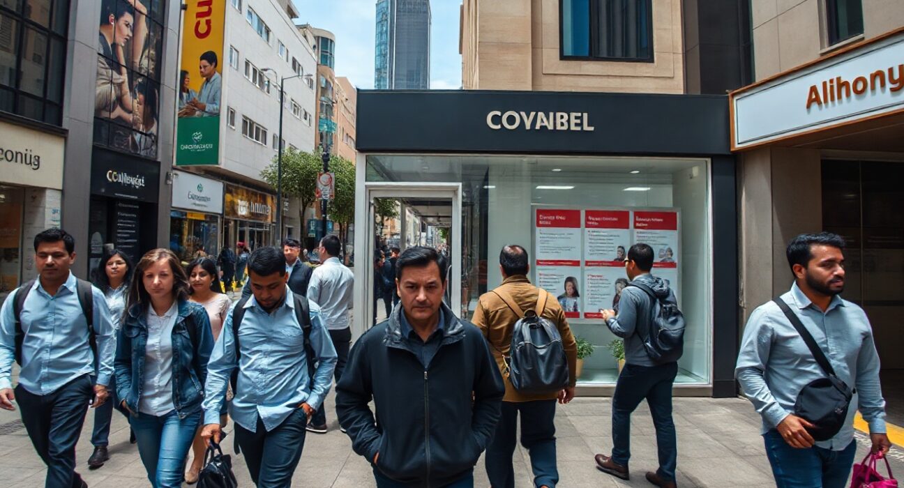Pedestrians walk past job advertisements in Santiago, Chile, as unemployment holds at 9.4% in June 2025.