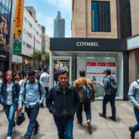 Pedestrians walk past job advertisements in Santiago, Chile, as unemployment holds at 9.4% in June 2025.