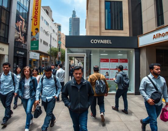 Pedestrians walk past job advertisements in Santiago, Chile, as unemployment holds at 9.4% in June 2025.