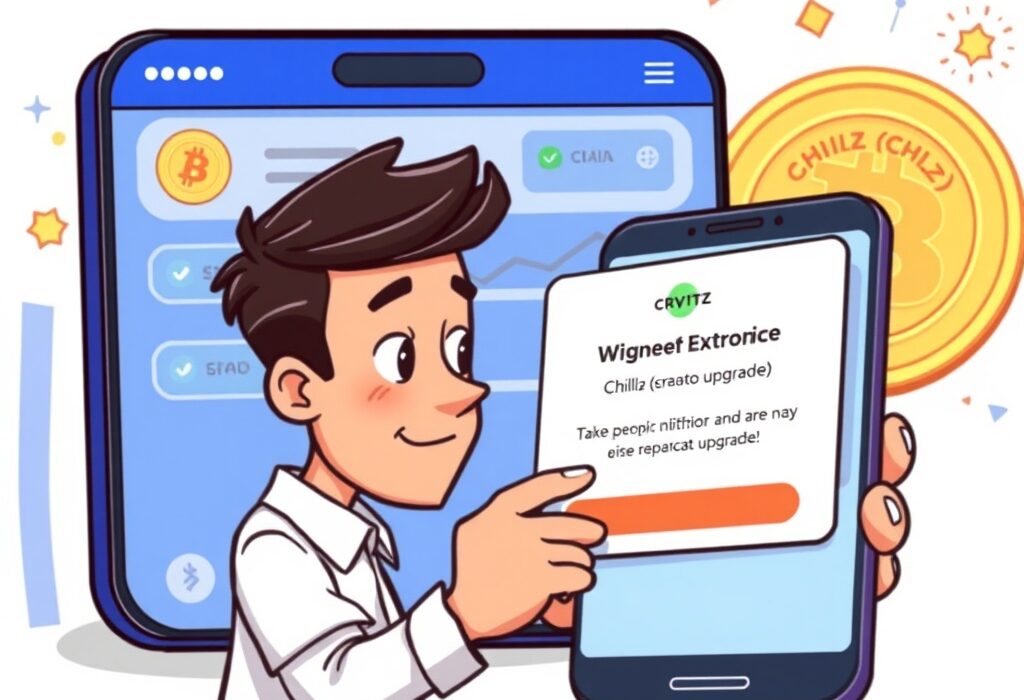 A digital illustration of a crypto exchange platform with a notification icon, indicating an upcoming Chiliz network upgrade suspension.