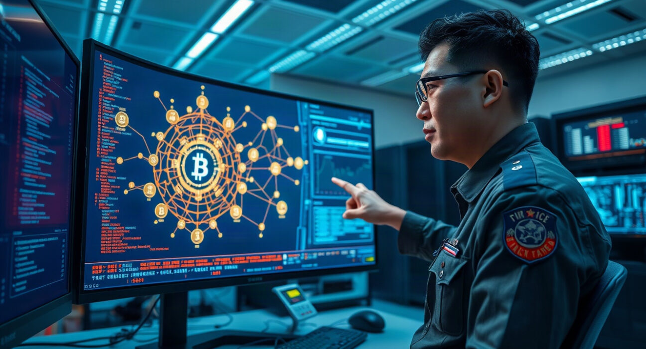 Chinese police analyst monitoring blockchain transaction data on a large screen in a digital forensics lab