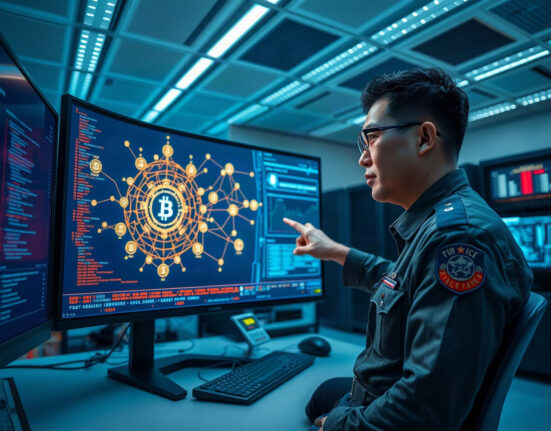 Chinese police analyst monitoring blockchain transaction data on a large screen in a digital forensics lab