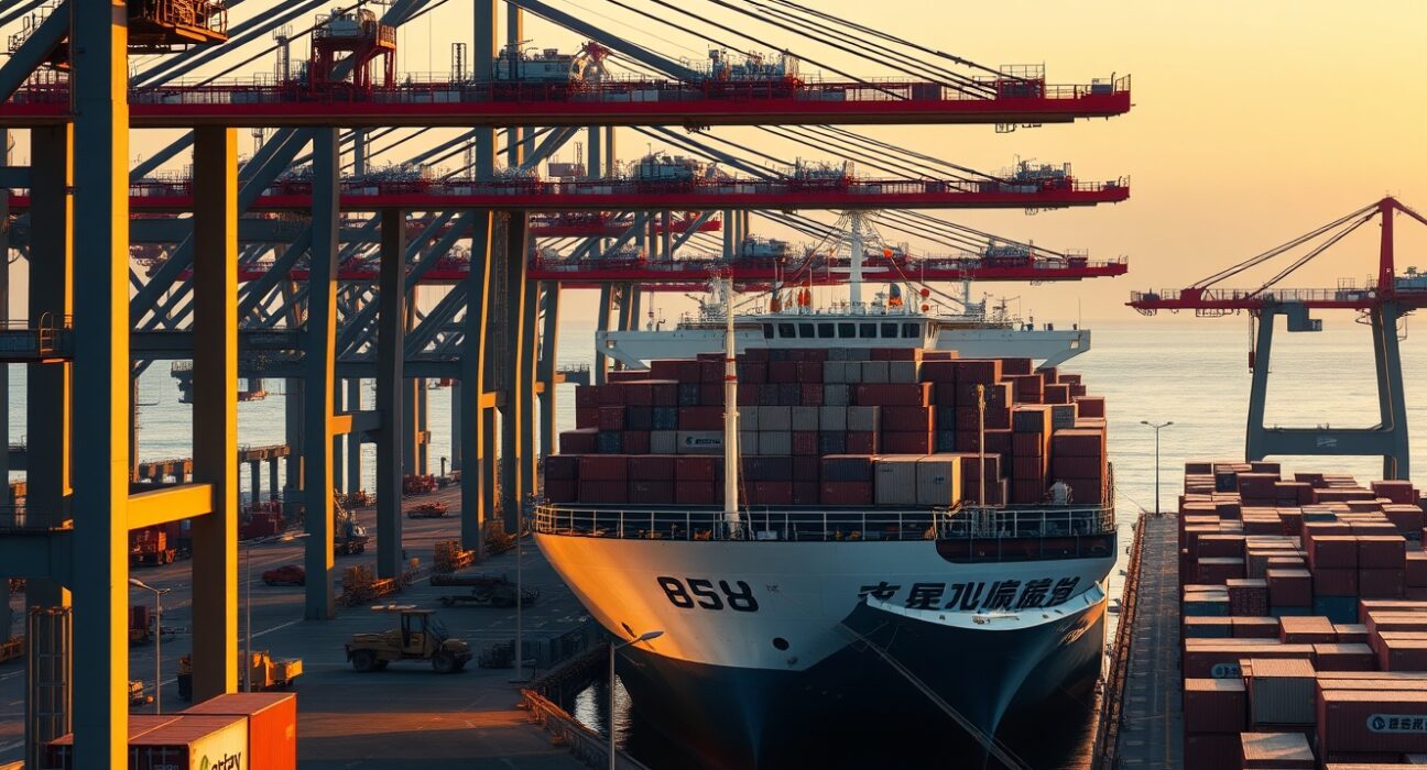 Container ship at Chinese port unloading AI technology exports