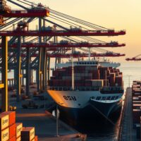 Container ship at Chinese port unloading AI technology exports