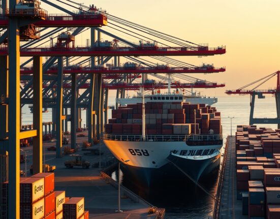 Container ship at Chinese port unloading AI technology exports