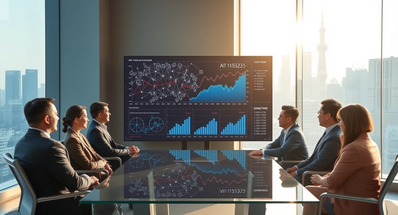 Business professionals in Shanghai conference room viewing AI and financial data on large screen