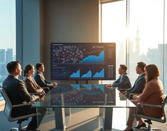 Business professionals in Shanghai conference room viewing AI and financial data on large screen