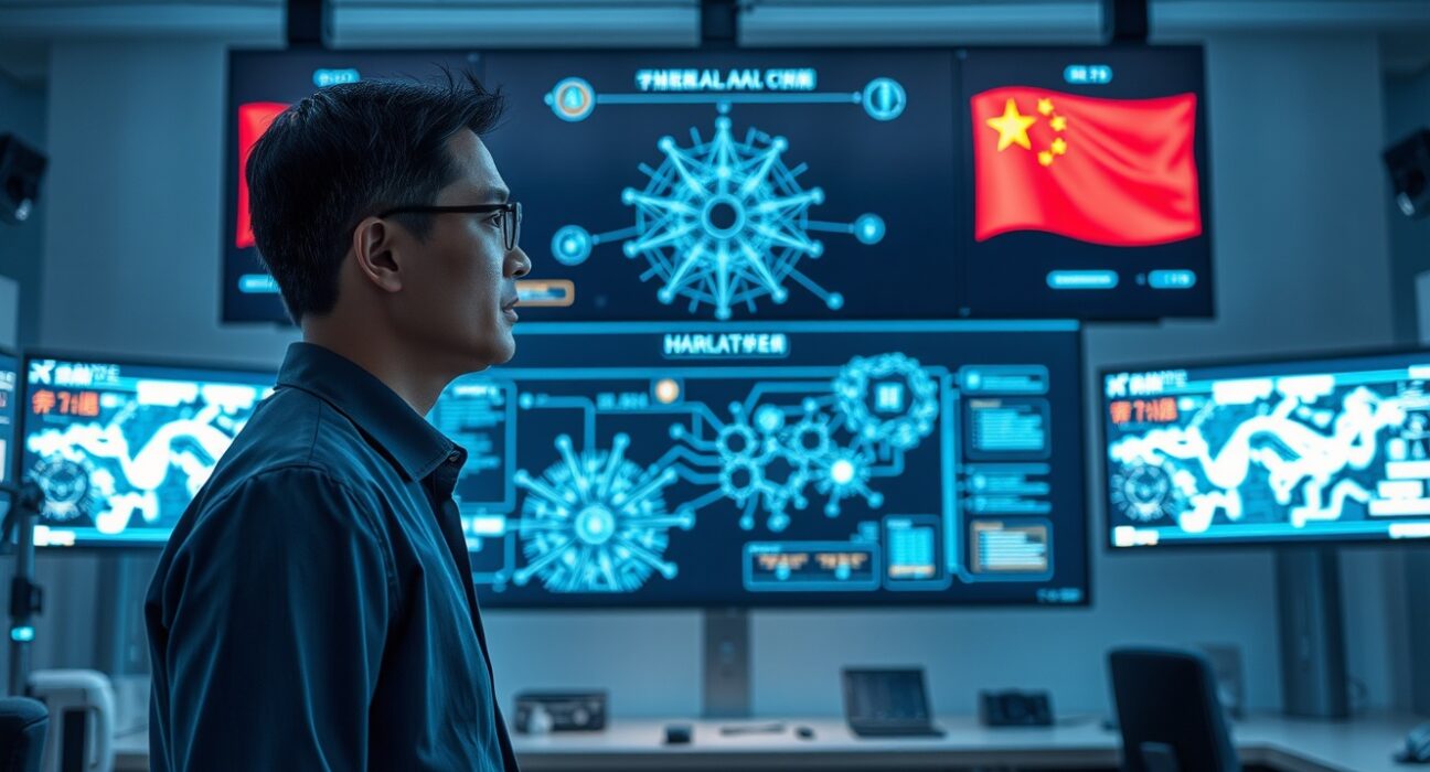 Chinese AI researcher in a high-tech lab in Beijing with neural network display