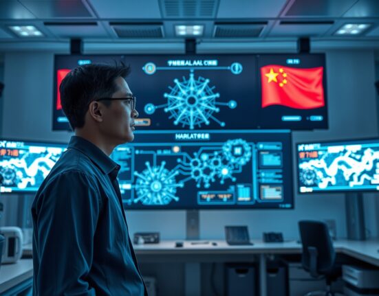 Chinese AI researcher in a high-tech lab in Beijing with neural network display