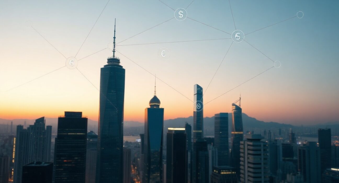 Financial district skyline at dusk with digital network overlay symbolizing a new global payment system