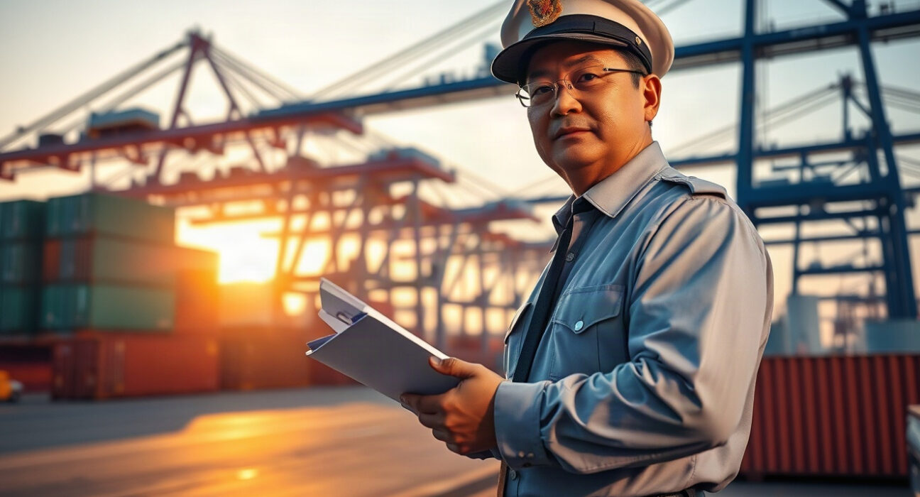 Chinese customs official at industrial port overseeing chemical imports