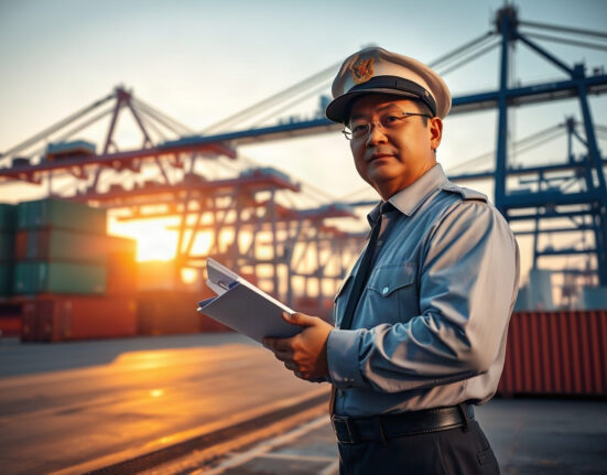 Chinese customs official at industrial port overseeing chemical imports