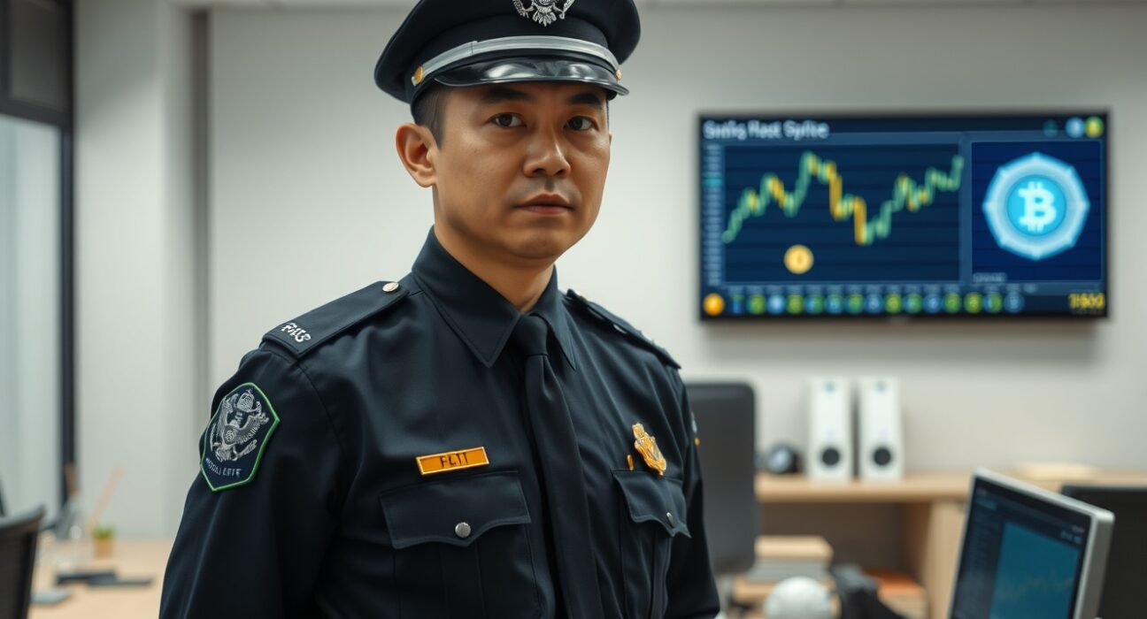 Chinese police officer investigating cryptocurrency money laundering case in office