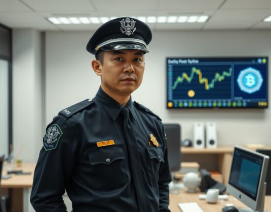Chinese police officer investigating cryptocurrency money laundering case in office