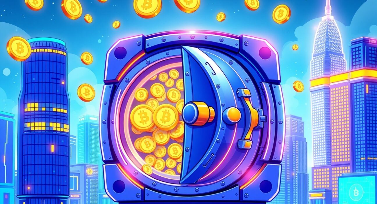 A vibrant cartoon illustration showing a tokenized money market fund connecting traditional finance with blockchain technology.