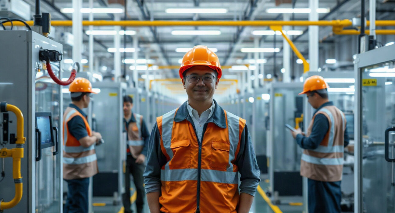 A modern Chinese factory floor with a digital display showing the Caixin Manufacturing PMI at 51.5.