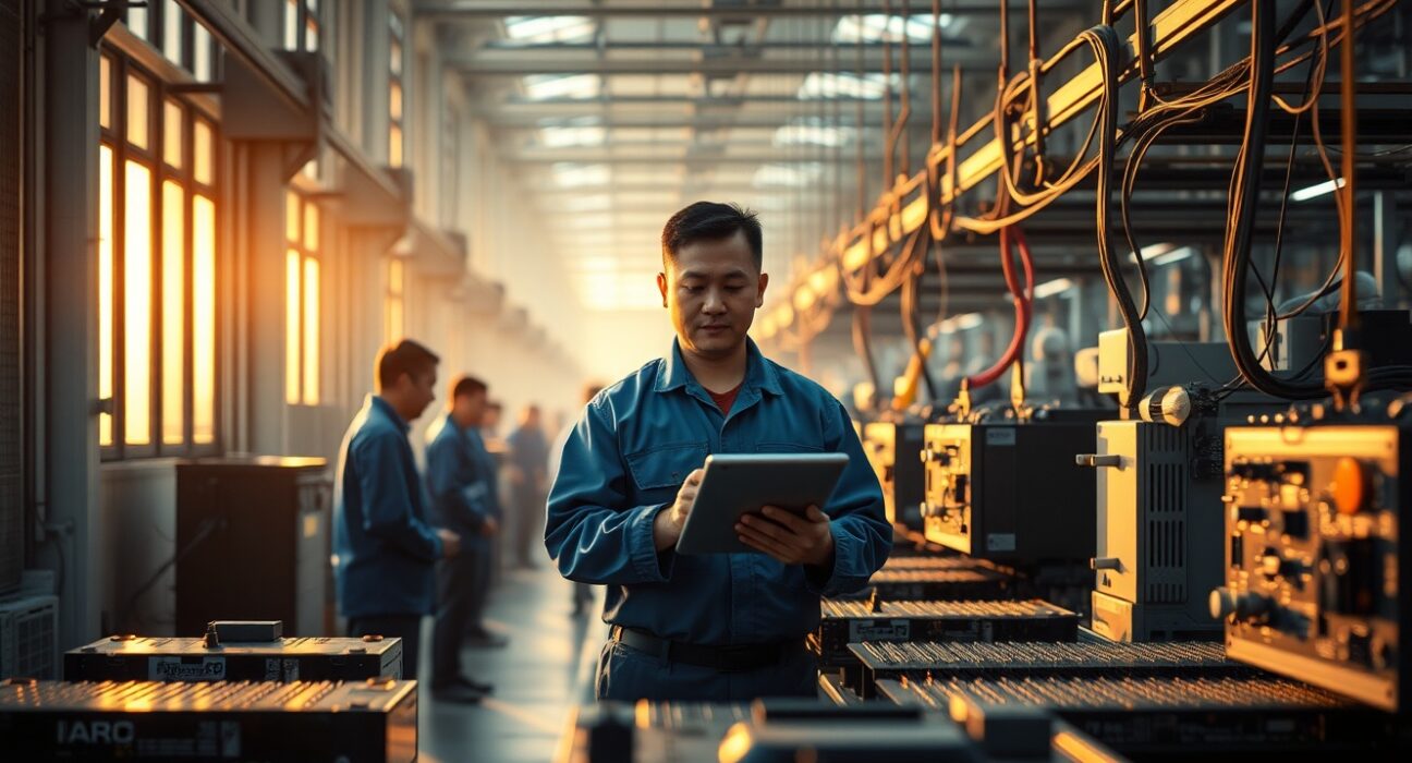 Workers on a factory floor in China inspecting electronic components at dawn