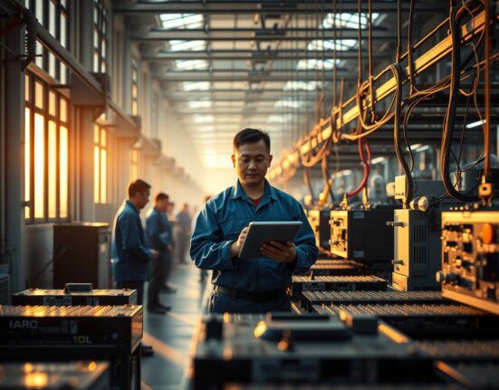 Workers on a factory floor in China inspecting electronic components at dawn