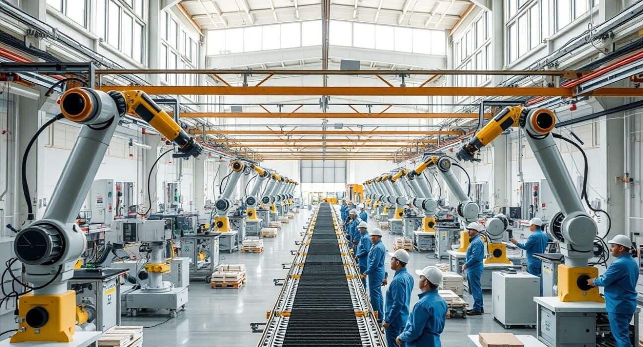 Busy factory floor in China with workers and robotic assembly lines operating at full capacity.