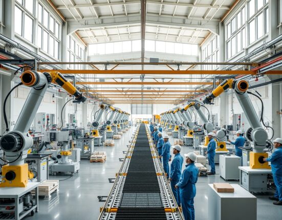 Busy factory floor in China with workers and robotic assembly lines operating at full capacity.