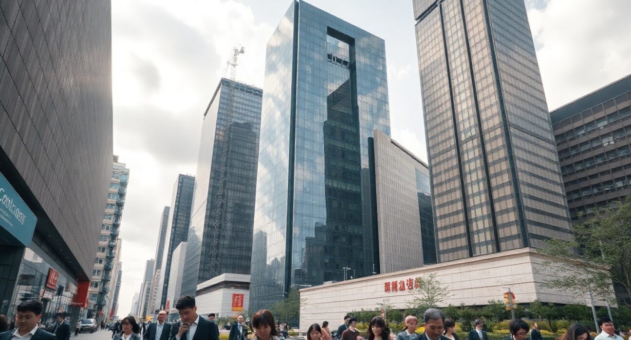 Office workers in a Chinese business district reflecting the services sector's slower expansion in July PMI data.