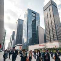 Office workers in a Chinese business district reflecting the services sector's slower expansion in July PMI data.