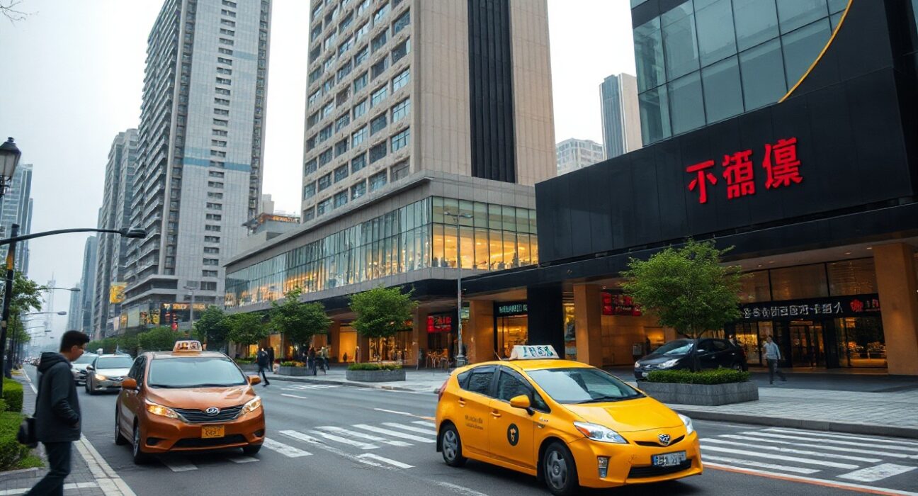 Business district in China with office towers and light pedestrian traffic on a cloudy day