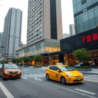 Business district in China with office towers and light pedestrian traffic on a cloudy day