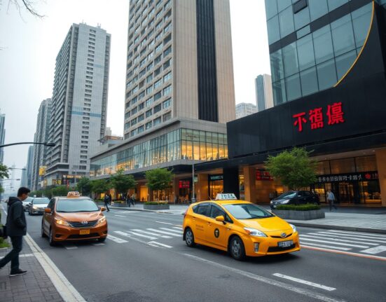 Business district in China with office towers and light pedestrian traffic on a cloudy day