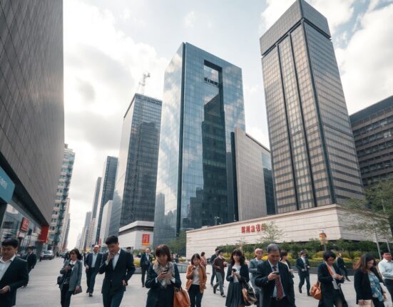 Office workers in a Chinese business district reflecting the services sector's slower expansion in July PMI data.