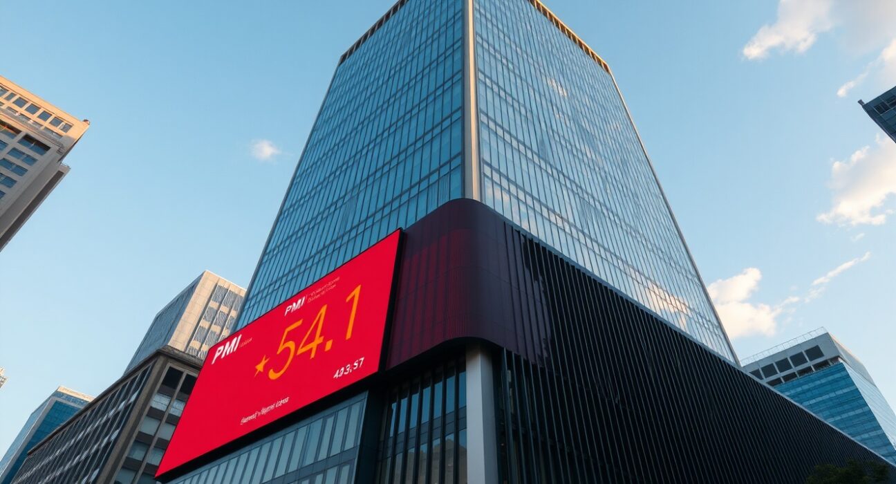 Shanghai financial district building displaying Caixin PMI data at 54.1