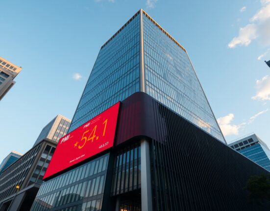 Shanghai financial district building displaying Caixin PMI data at 54.1