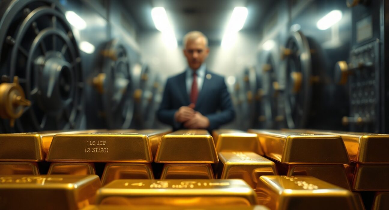 Stacked gold bars in a bank vault representing China's central bank gold reserve accumulation.