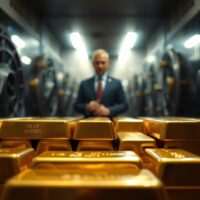 Stacked gold bars in a bank vault representing China's central bank gold reserve accumulation.