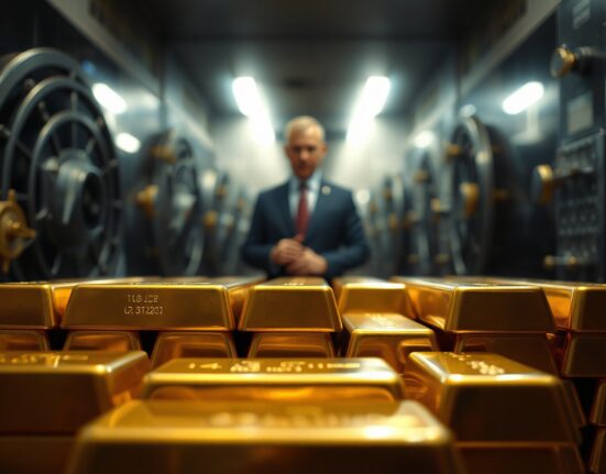 Stacked gold bars in a bank vault representing China's central bank gold reserve accumulation.