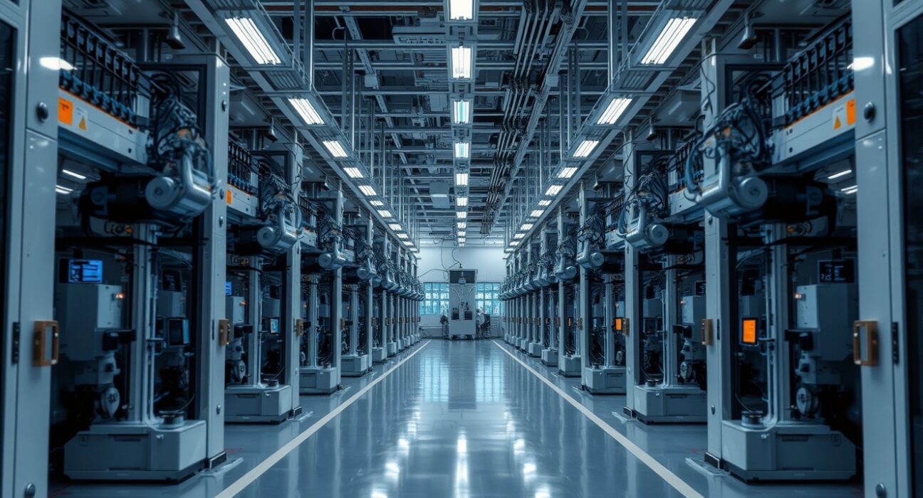 Interior view of a semiconductor fabrication plant with advanced machinery